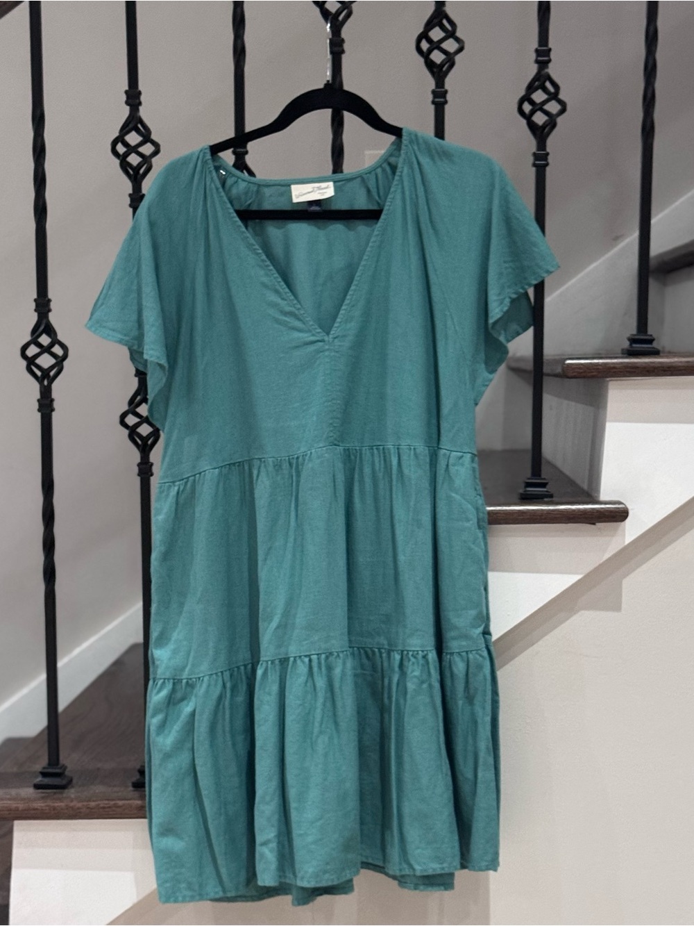 Linen blend Teal Short Sleeve V-Neck Tiered Dress